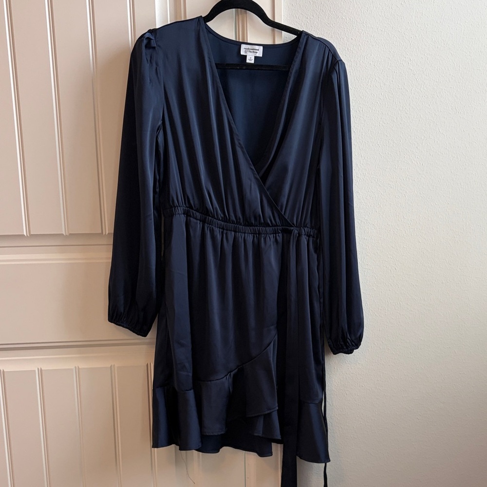 Elegant Navy Blue Wrap Dress ruffle detail